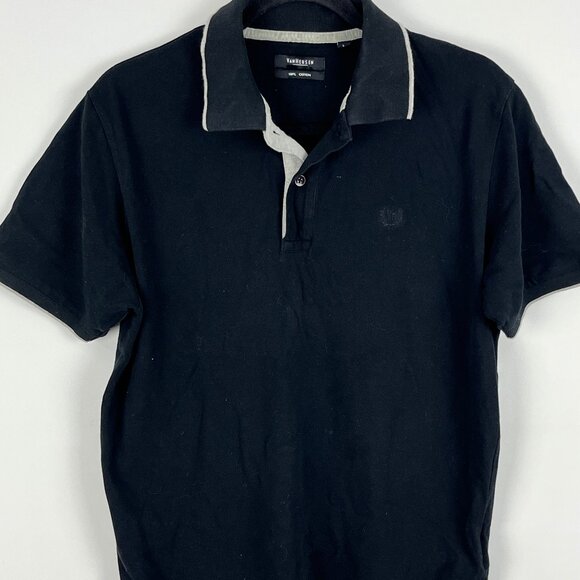 Van Heusen Polo T Shirt Size L Black Short Sleeve Button Up Collared Cotton - Picture 1 of 9